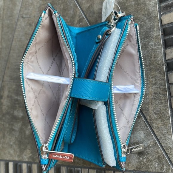 Michael Kors Large Double Zip Leather Wallet Wristlet Phone Case Lagoon - Picture 9 of 16